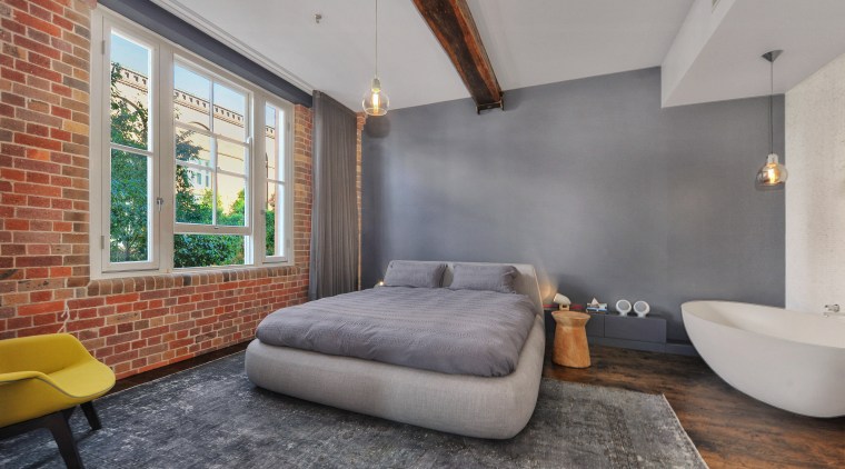 Sandblasted brick walls and new hand-scraped, distressed French architecture, ceiling, floor, interior design, loft, real estate, room, wall, gray