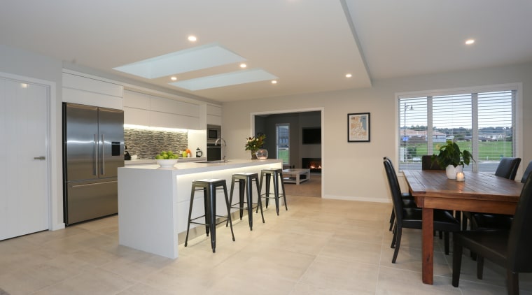 LED downlights enliven the front of the island daylighting, floor, flooring, house, interior design, kitchen, property, real estate, gray