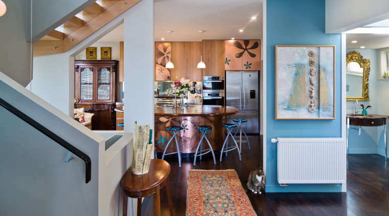 The reconsidered open-plan interior in this renovated villa ceiling, countertop, cuisine classique, dining room, home, interior design, kitchen, living room, real estate, room, gray
