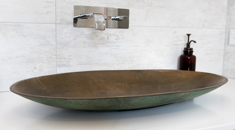 This verdigrised bronze basin is sealed to protect bathroom sink, ceramic, plumbing fixture, product design, sink, tap, white