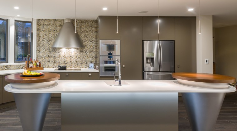 Well-rounded design an adjacent conical tower roof countertop, floor, interior design, kitchen, room, sink, gray