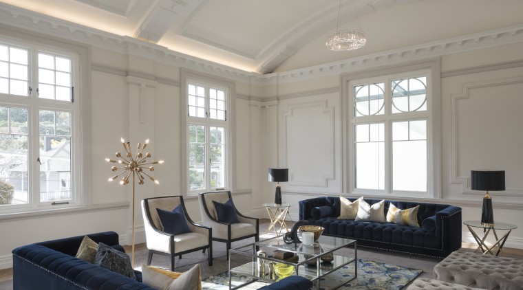 In the Council Chambers building, the original walls ceiling, estate, home, interior design, living room, property, real estate, room, window, gray