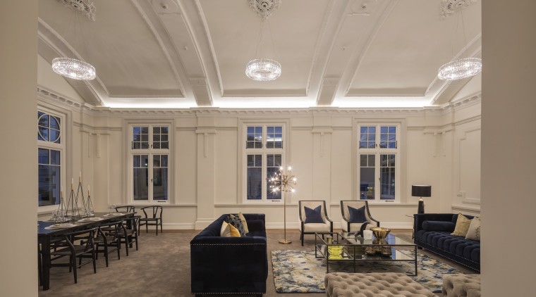 On this adaptive reuse project, two historic buildings ceiling, daylighting, estate, interior design, living room, lobby, real estate, room, orange, brown