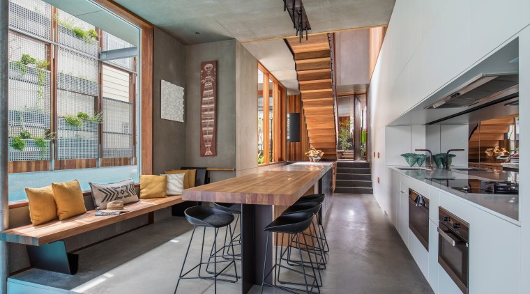 The ground floor circulation path in this home architecture, house, interior design, living room, loft, real estate, gray