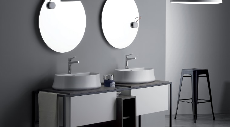 The Sharp basin range suits a wide range bathroom, bathroom accessory, bathroom cabinet, bathroom sink, black and white, furniture, interior design, light fixture, monochrome, plumbing fixture, product design, sink, still life photography, table, tap, gray, black