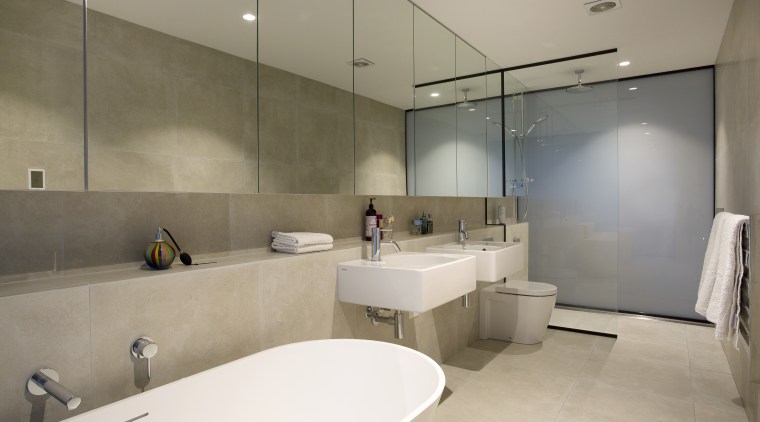 Giant walls of frosted glass at both end architecture, bathroom, countertop, floor, interior design, product design, real estate, room, sink, gray