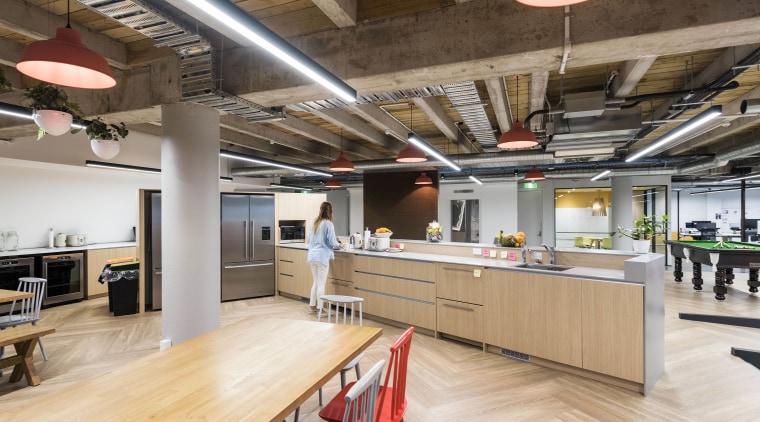 Central to My Food Bags administration floor are ceiling, interior design, kitchen, loft, white, brown