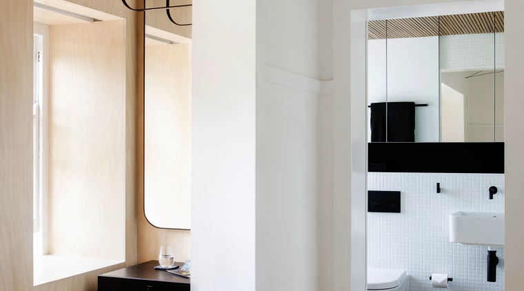 This reworked studio space by Architect Prineas vastly architecture, bed frame, bedroom, ceiling, floor, home, interior design, room, suite, wall, window, gray