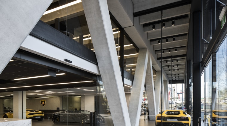 The Giltrap Group building is braced at the architecture, building, daylighting, interior design, lobby, structure, gray, black