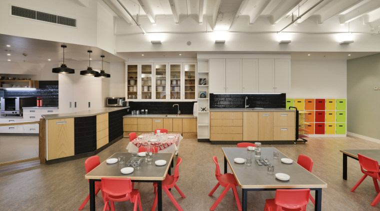 Adding to the homely atmosphere at the Cosmokids interior design, kitchen, room, table, gray