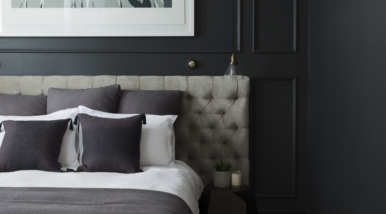 This moody master bedroom makeover by Katie Scott bed frame, bedroom, ceiling, floor, home, interior design, room, wall, black, gray