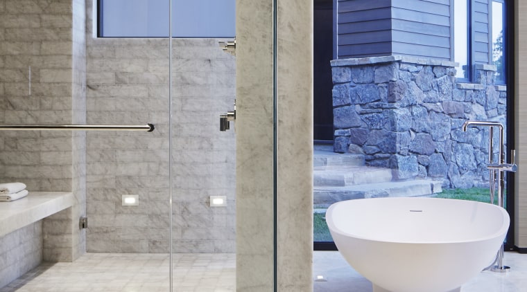 Four different formats of brushed Iceberg Quartzite tiles architecture, bathroom, floor, flooring, interior design, plumbing fixture, tap, tile, wall, gray