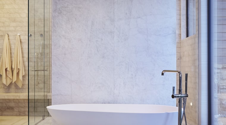 The clean lines of the tub and shower bathroom, bathtub, floor, flooring, interior design, plumbing fixture, product design, sink, tap, tile, wall, gray