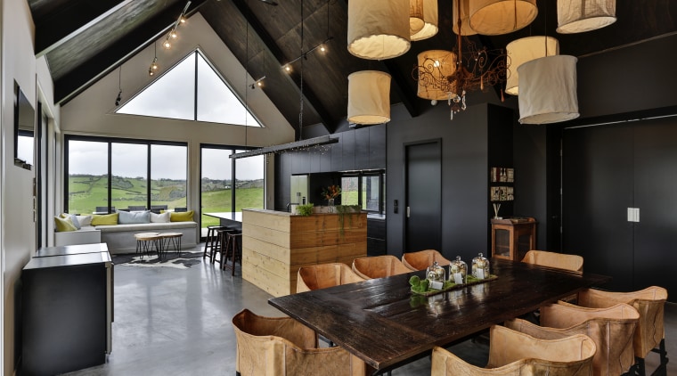 Caramel-coloured dining chairs were inspiration for the macrocarpa dining room, interior design, living room, black