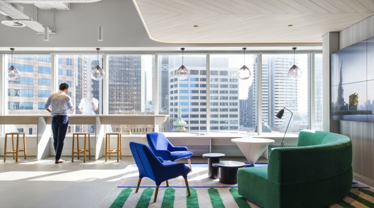 Warm welcome soft tones, a warm-wood drop architecture, daylighting, furniture, interior design, lobby, office, gray, white