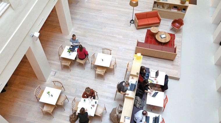 Despite remote workers having access to an array floor, flooring, furniture, home, interior design, product design, table, wood, white