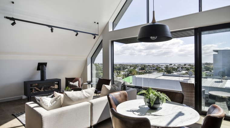 With a view a clever reallocation of public interior design, living room, penthouse apartment, real estate, window, gray, white
