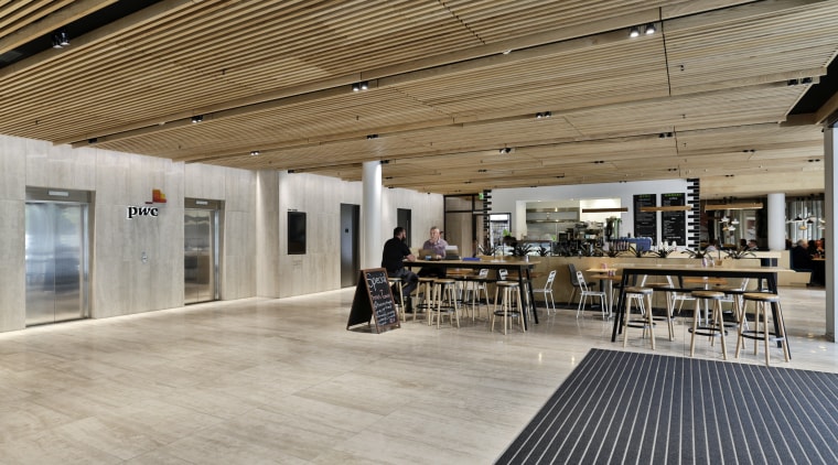A timber batten ceiling above and matching area architecture, ceiling, floor, flooring, interior design, lobby, gray, brown