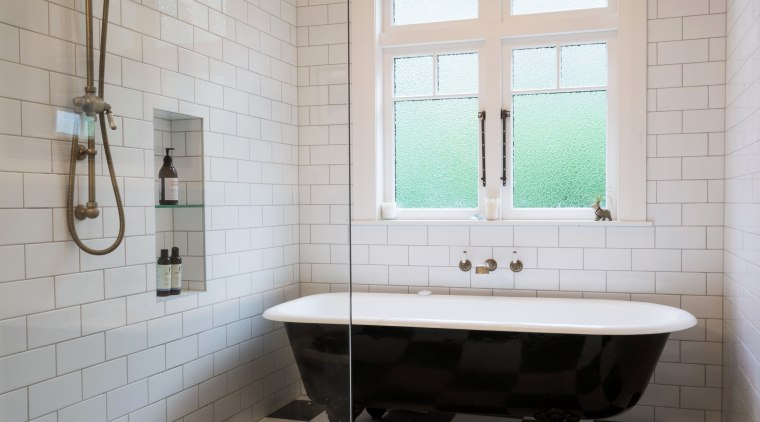 In the family bathroom, the shower had to bathroom, floor, flooring, home, interior design, plumbing fixture, room, sink, tile, wall, gray