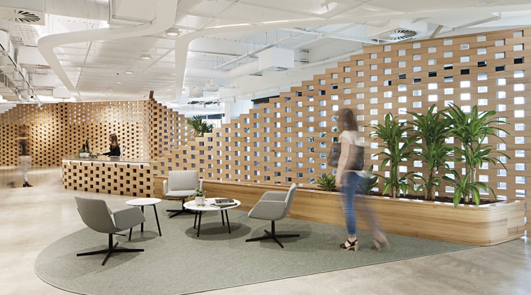 Innovative use of wood for reception desk and ceiling, daylighting, floor, flooring, furniture, interior design, lobby, wall, gray
