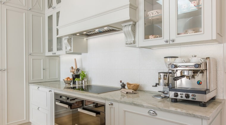 You can get a real sense of the cabinetry, countertop, cuisine classique, floor, home, home appliance, interior design, kitchen, room, gray