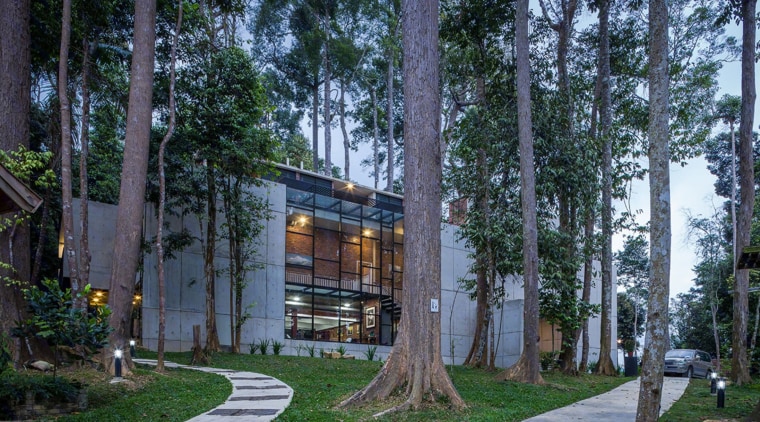 The raw, fair-face concrete wall experienced on the architecture, condominium, cottage, home, house, mixed use, neighbourhood, plant, real estate, residential area, tree, black