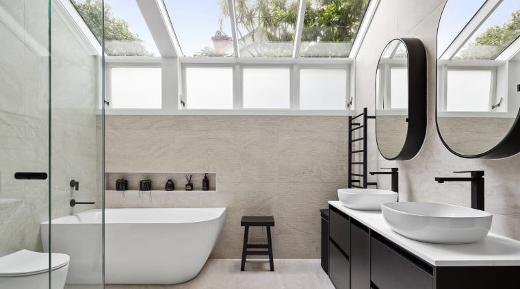 Minimalist Modern Bright Shower Room With A Daylight Lamp In The Ceiling To  Create The Illusion Of A Window Dark Hardware To Create Contrast With Light  Walls Shower Toilet Bidet And Washbasin