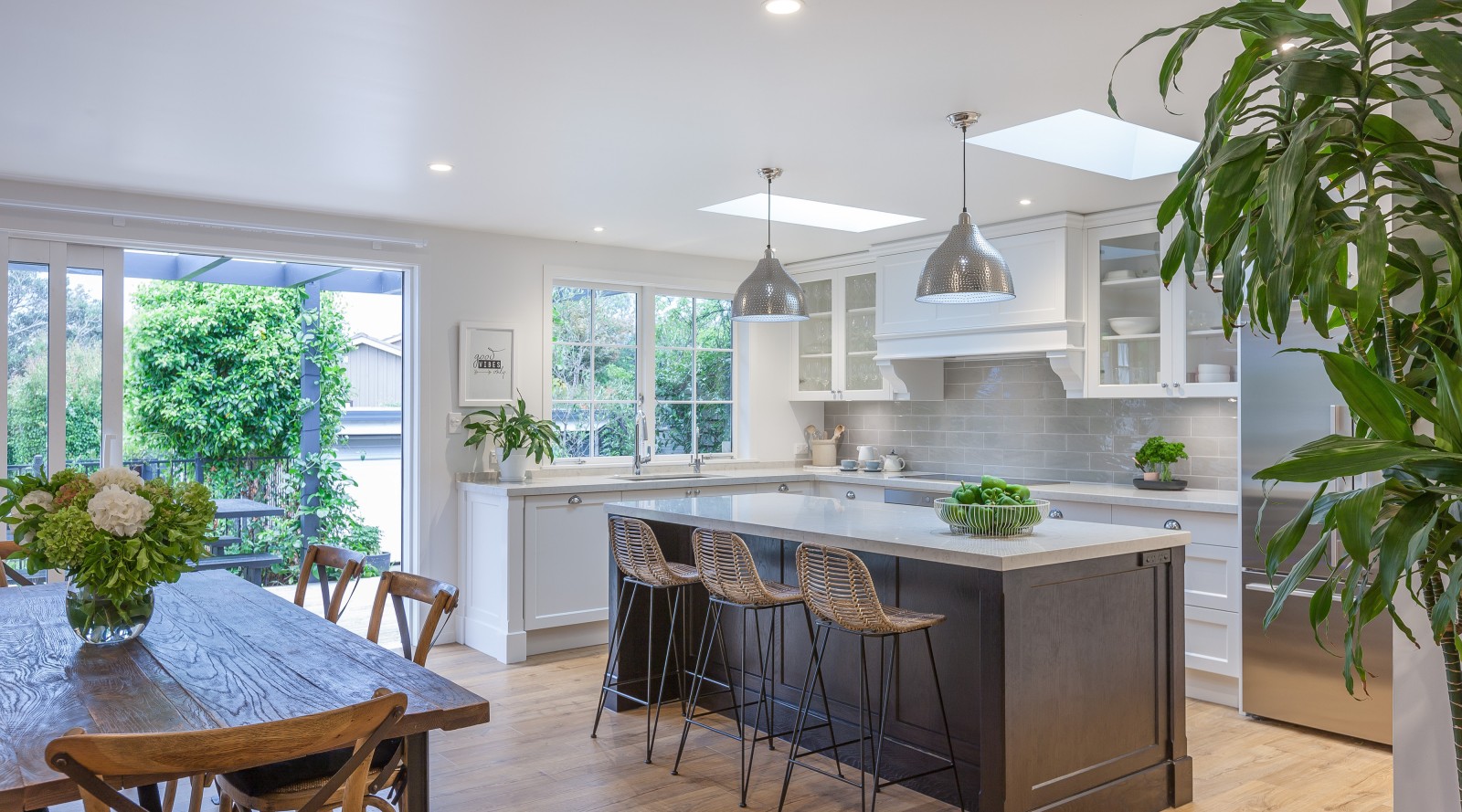 kitchen design with adjacent bathroom