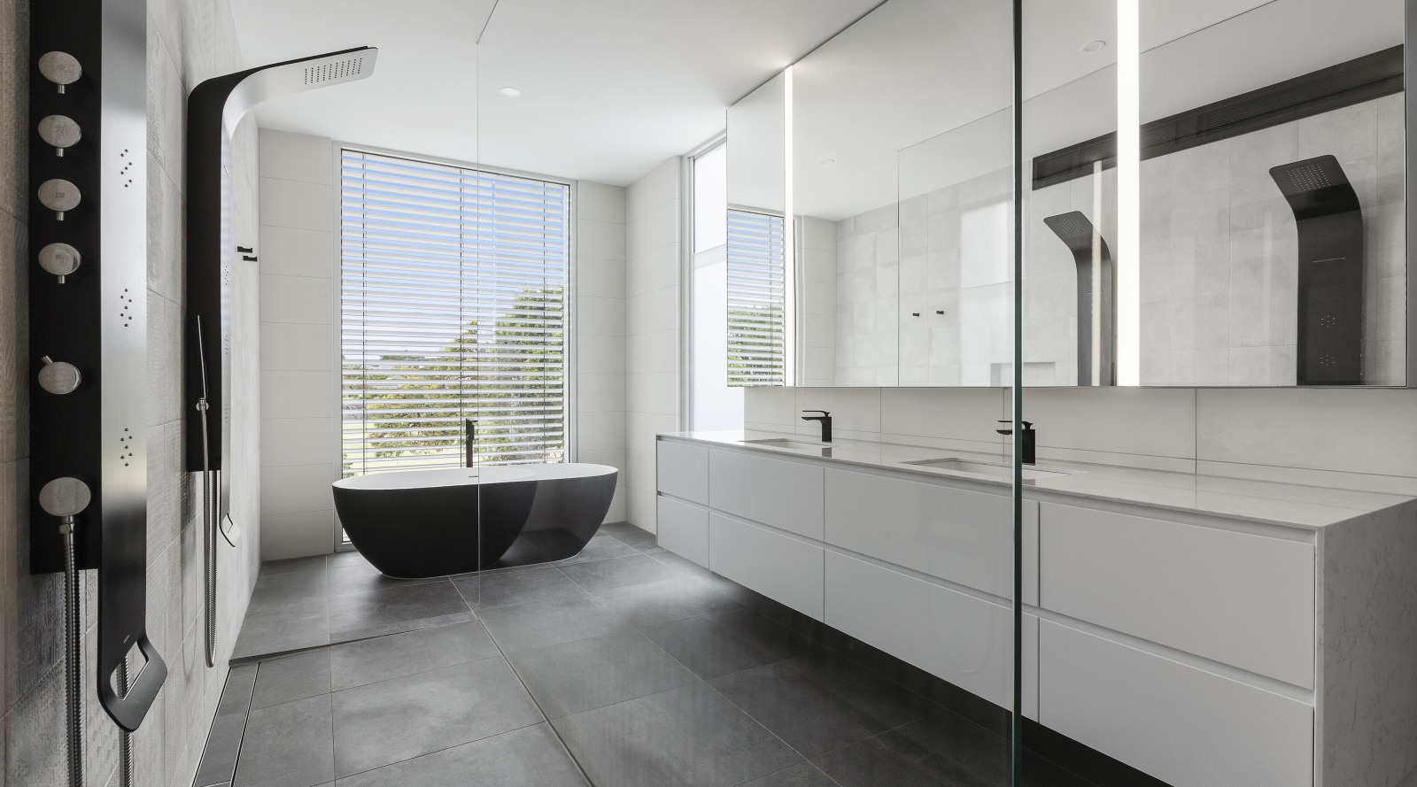 Modern cleanlined bathroom achieves views and… Trends
