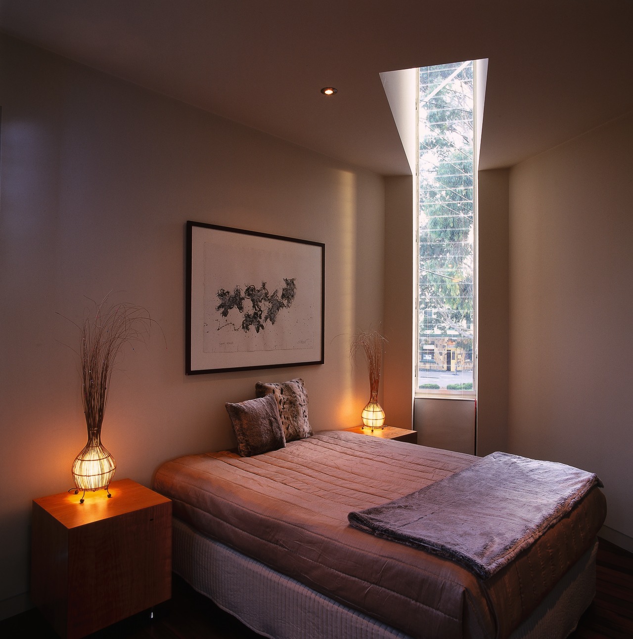 The view of a master bedroom bed, bed frame, bedroom, ceiling, furniture, home, interior design, lighting, room, suite, window, black, brown