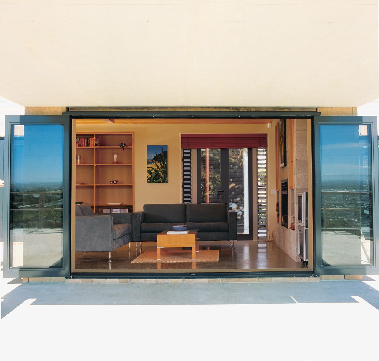 Foldback bifold doors open into living room door, house, window, white