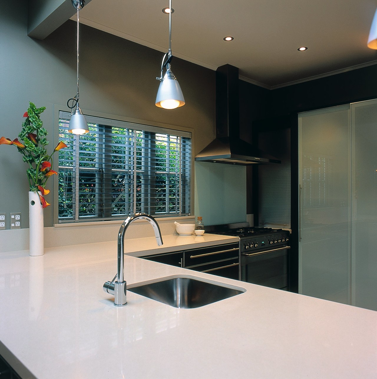 Sink &amp; benchtop overview countertop, glass, interior design, kitchen, white, black, gray