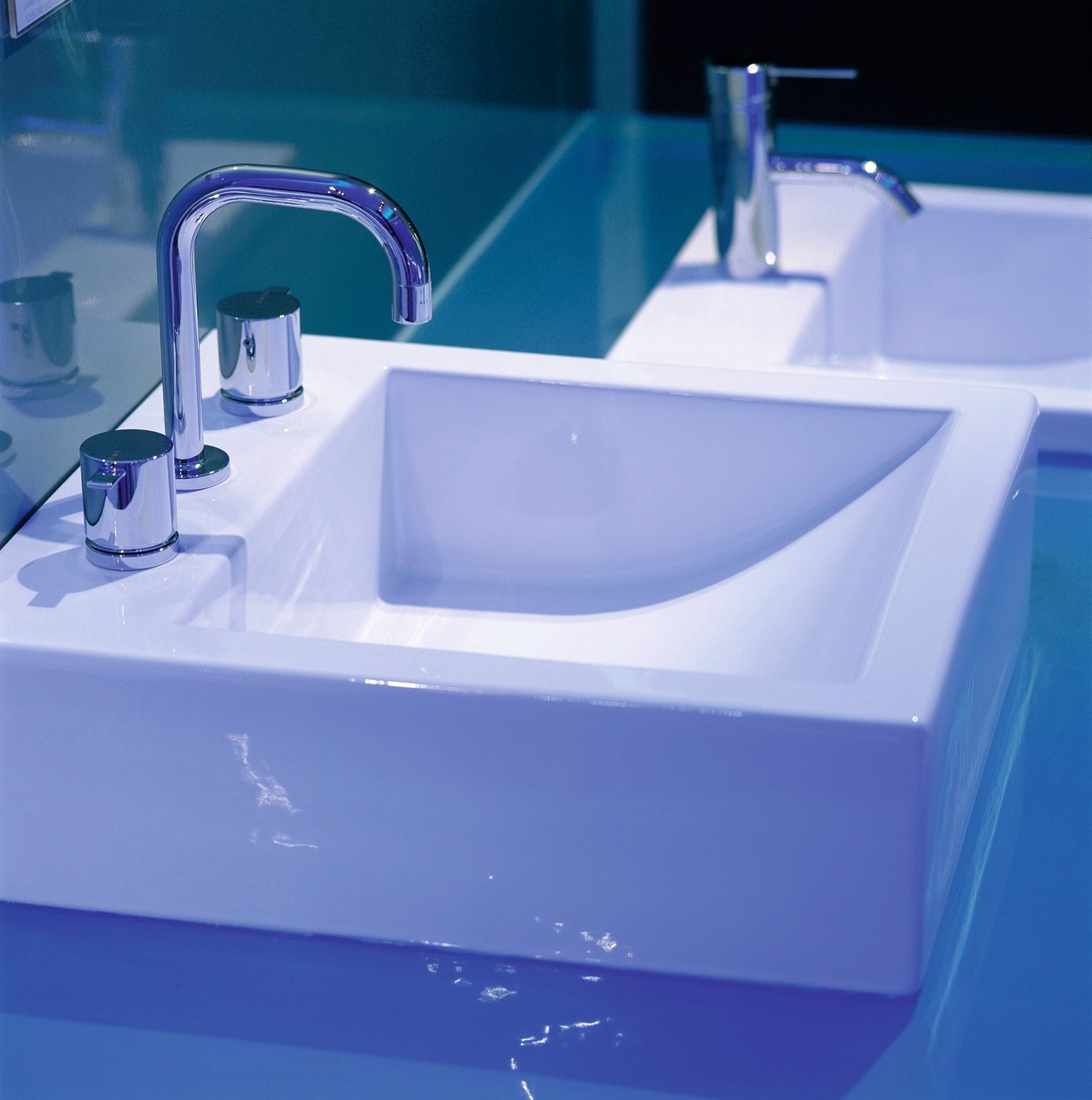 A detail of two basins and taps azure, bathroom, bathroom sink, bathtub, blue, plumbing fixture, product, product design, purple, sink, tap, toilet seat, blue