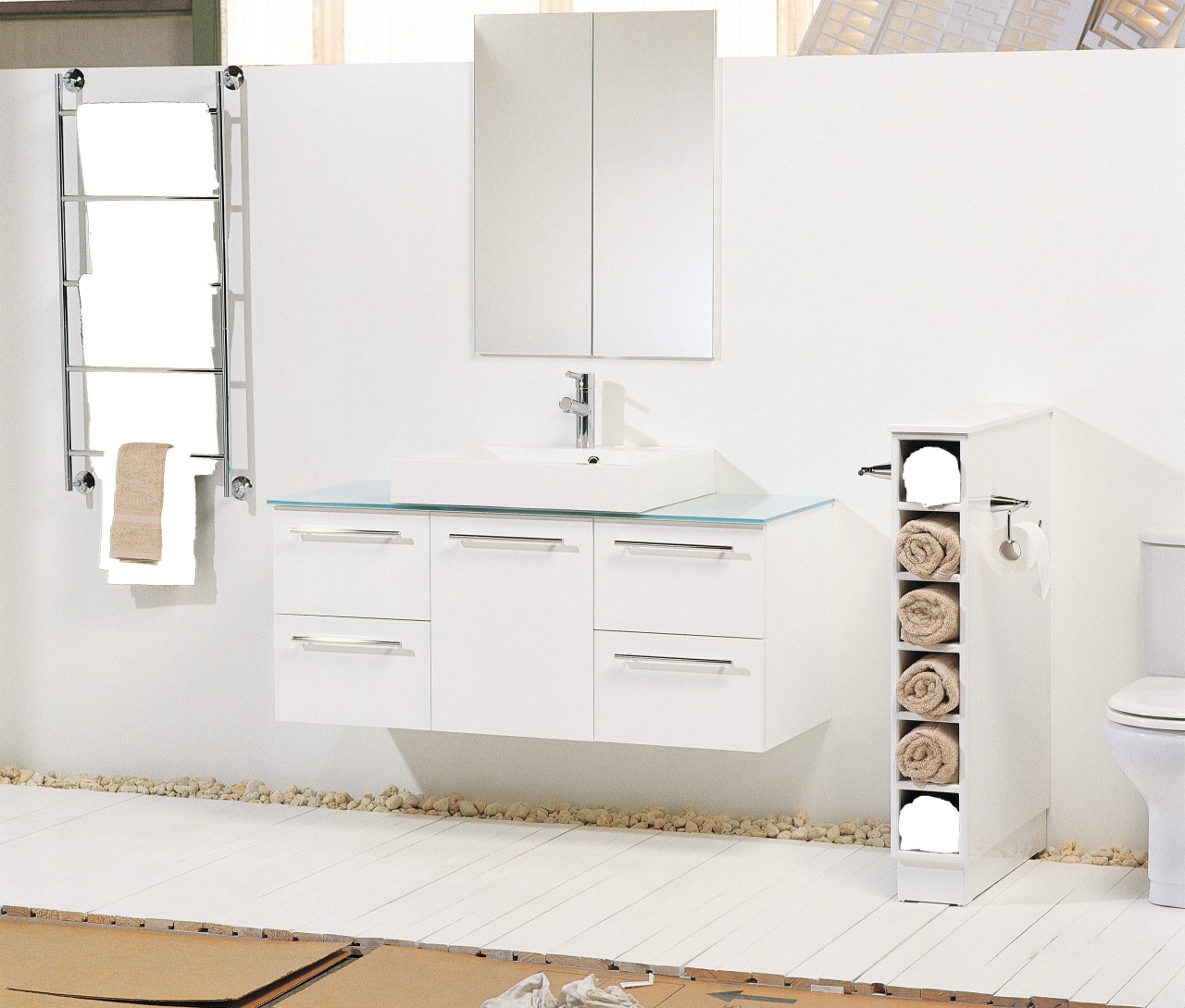 White bathroom with wall mounted vanity, glass top bathroom, bathroom accessory, bathroom cabinet, bathroom sink, plumbing fixture, product, product design, sink, tap, white