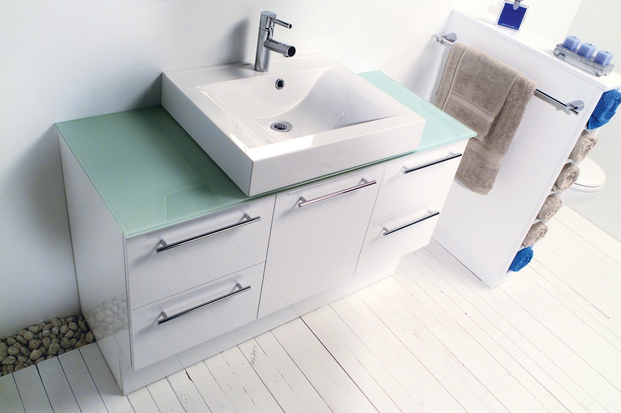 White bathroom vanity with white square basin, glass angle, bathroom, bathroom accessory, bathroom cabinet, bathroom sink, drawer, furniture, plumbing fixture, product, product design, sink, tap, white