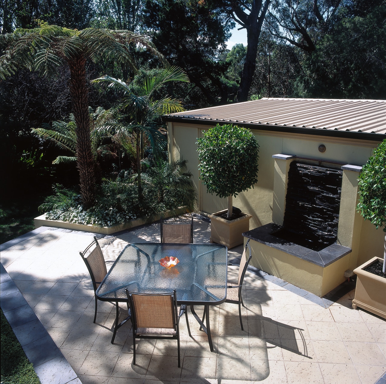 View of this outdoor living area backyard, courtyard, outdoor furniture, outdoor structure, patio, property, table, yard, black