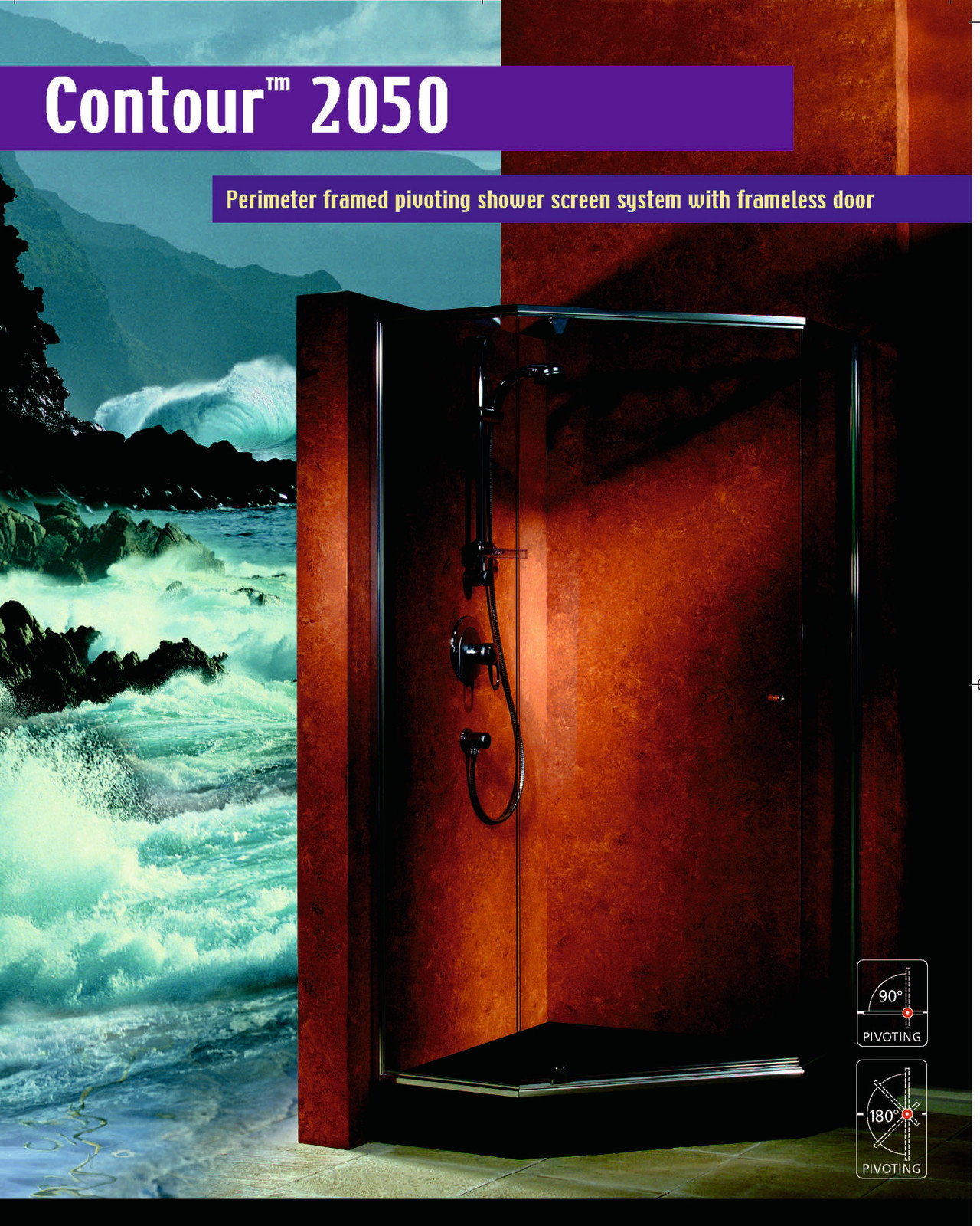 Contour 2050 shower screen system. advertising, heat, red, black