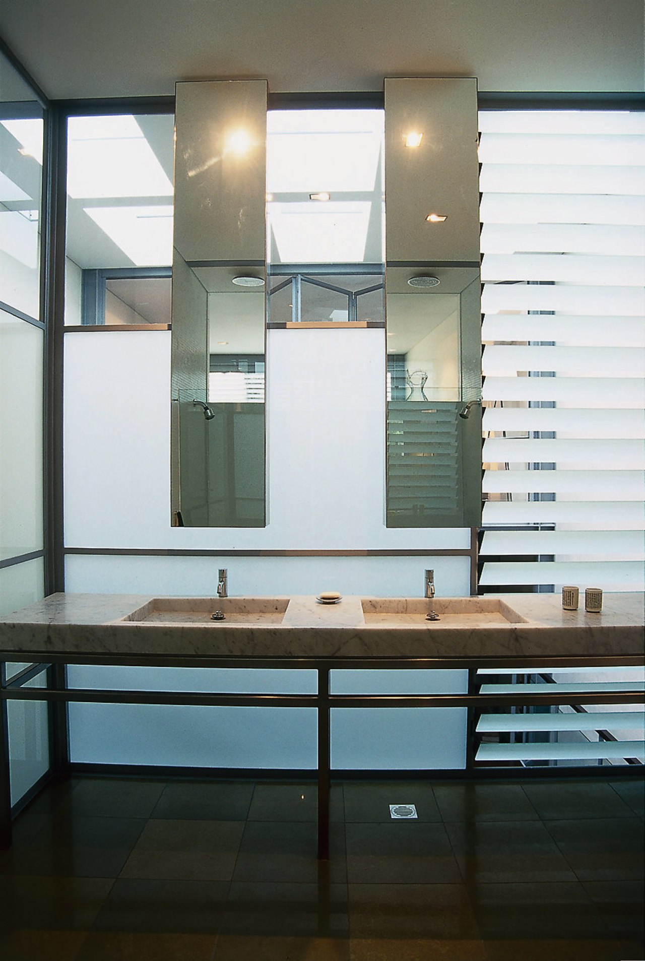 The detail of twin basins of a contemporary architecture, daylighting, floor, furniture, glass, interior design, table, window, wood, white, black