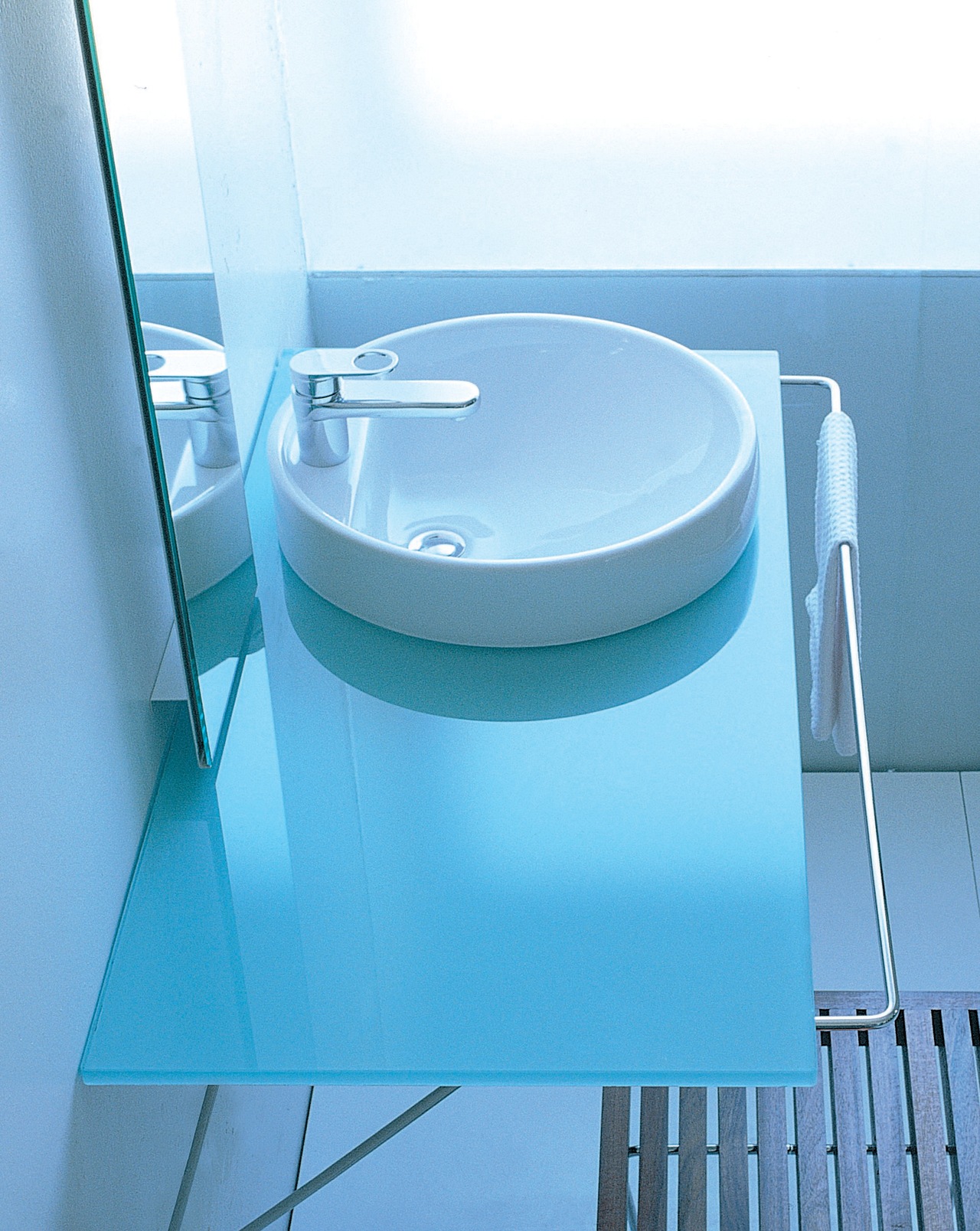 Bathroom: frosted glass bench with a low-height circular angle, bathroom, bathroom sink, glass, plumbing fixture, product, product design, tap, toilet seat, teal