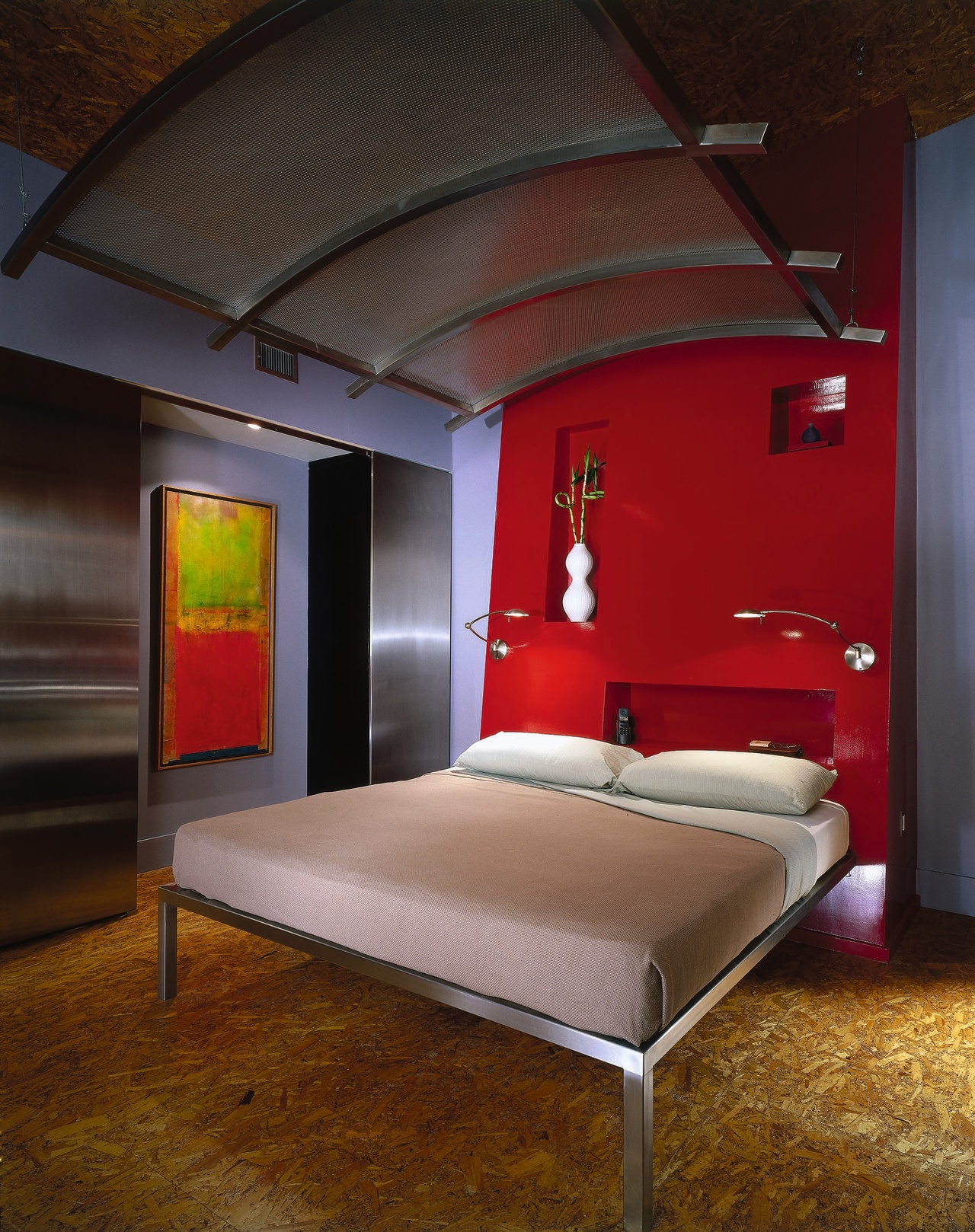 The detail of a stainless steel bed with architecture, bed frame, ceiling, furniture, interior design, room, black, brown