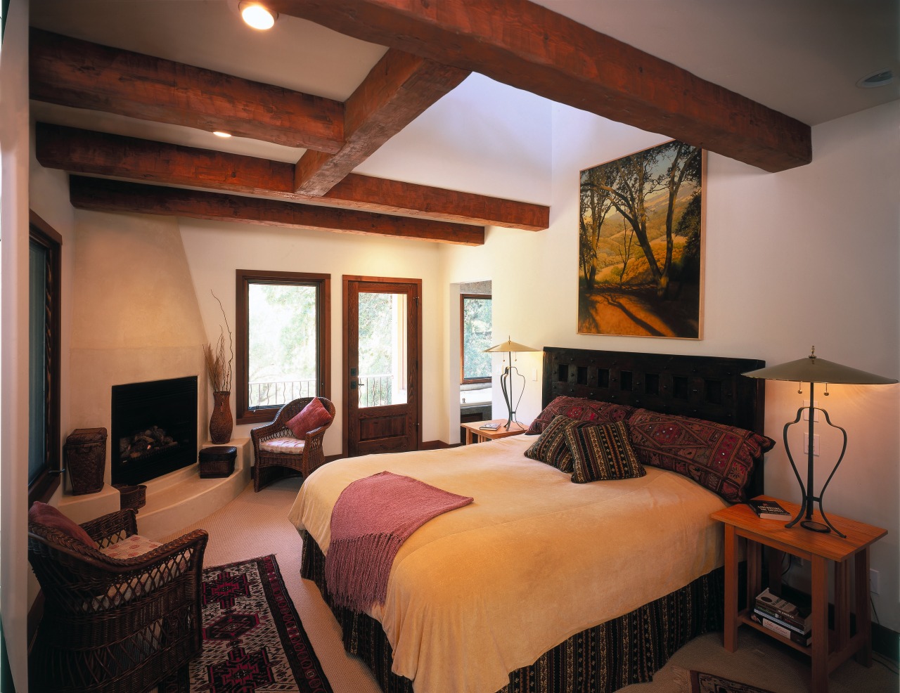 View of the master bedroom with timber beams bedroom, ceiling, estate, furniture, interior design, real estate, room, suite, red