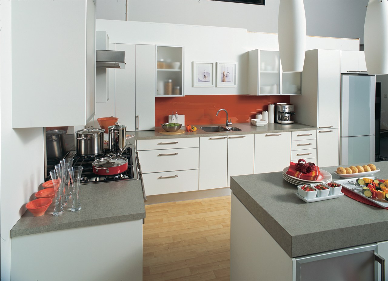 Kitchen with white cabinetry, grey benchtops, red splashback, cabinetry, countertop, cuisine classique, home appliance, interior design, kitchen, room, white