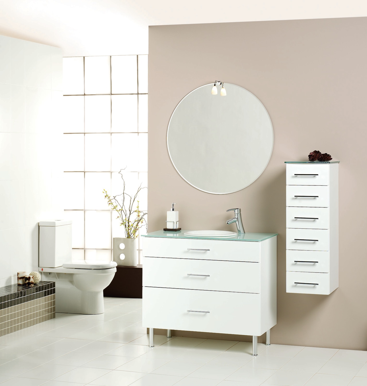 Bathroom with white vanity unit with drawers, tubular bathroom, bathroom accessory, bathroom cabinet, bathroom sink, ceramic, chest of drawers, drawer, floor, furniture, interior design, plumbing fixture, product, product design, room, shelf, sink, tap, white