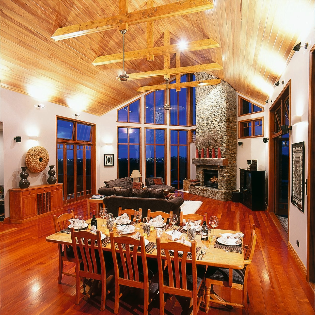 View of the dining &amp; living area of ceiling, dining room, function hall, home, interior design, real estate, restaurant, room, table, orange, red