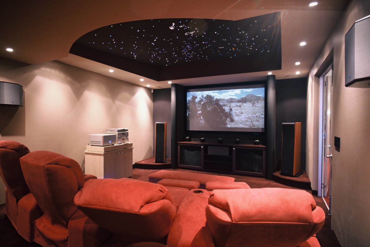 Len Wallis Audio showroom home theatre ceiling, entertainment, home, interior design, lighting, room, red