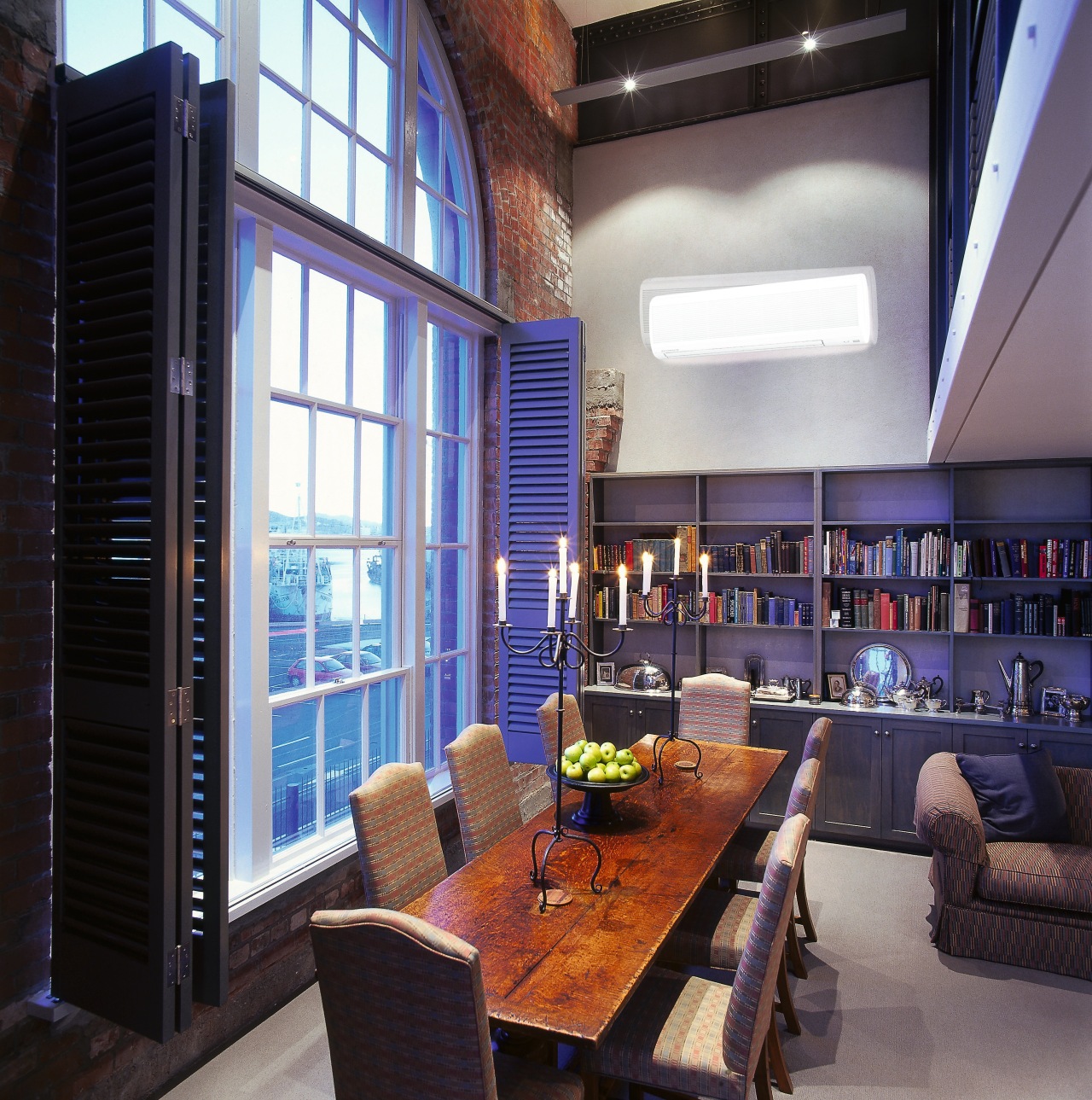 Dining room with long wooden table and tall apartment, ceiling, interior design, living room, loft, real estate, window, black