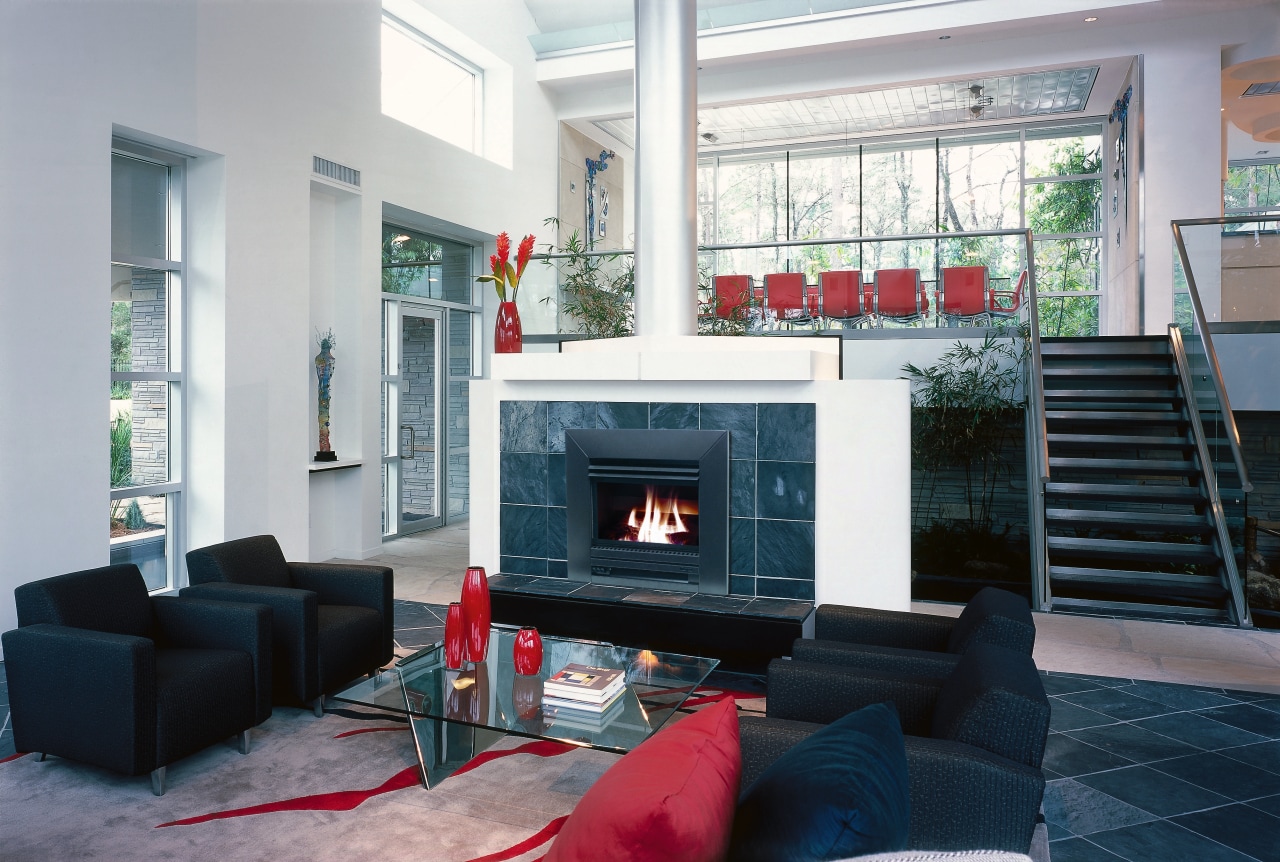 View of a contemporary set-up in this living fireplace, hearth, home, interior design, living room, room, gray, black