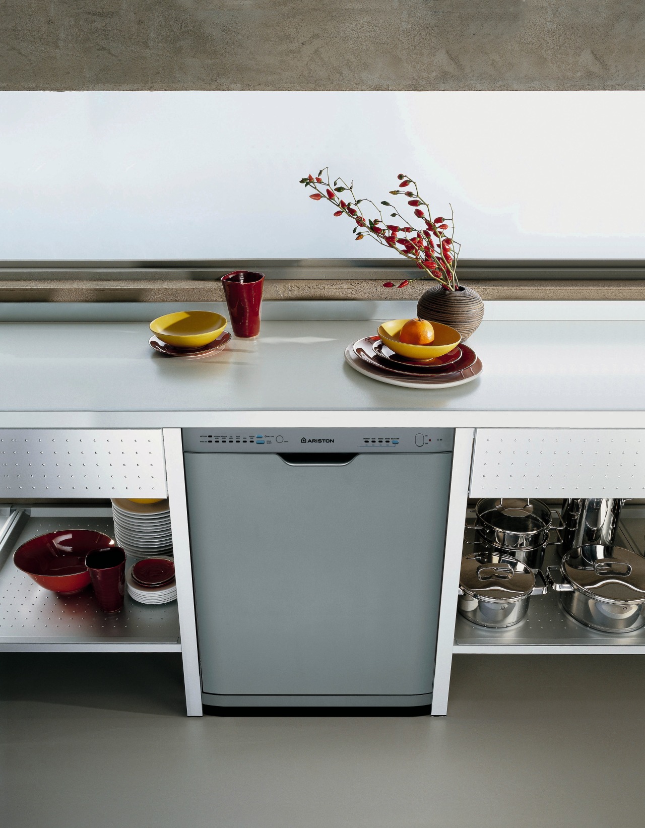 View of the dishwasher furniture, product design, shelf, table, gray, white