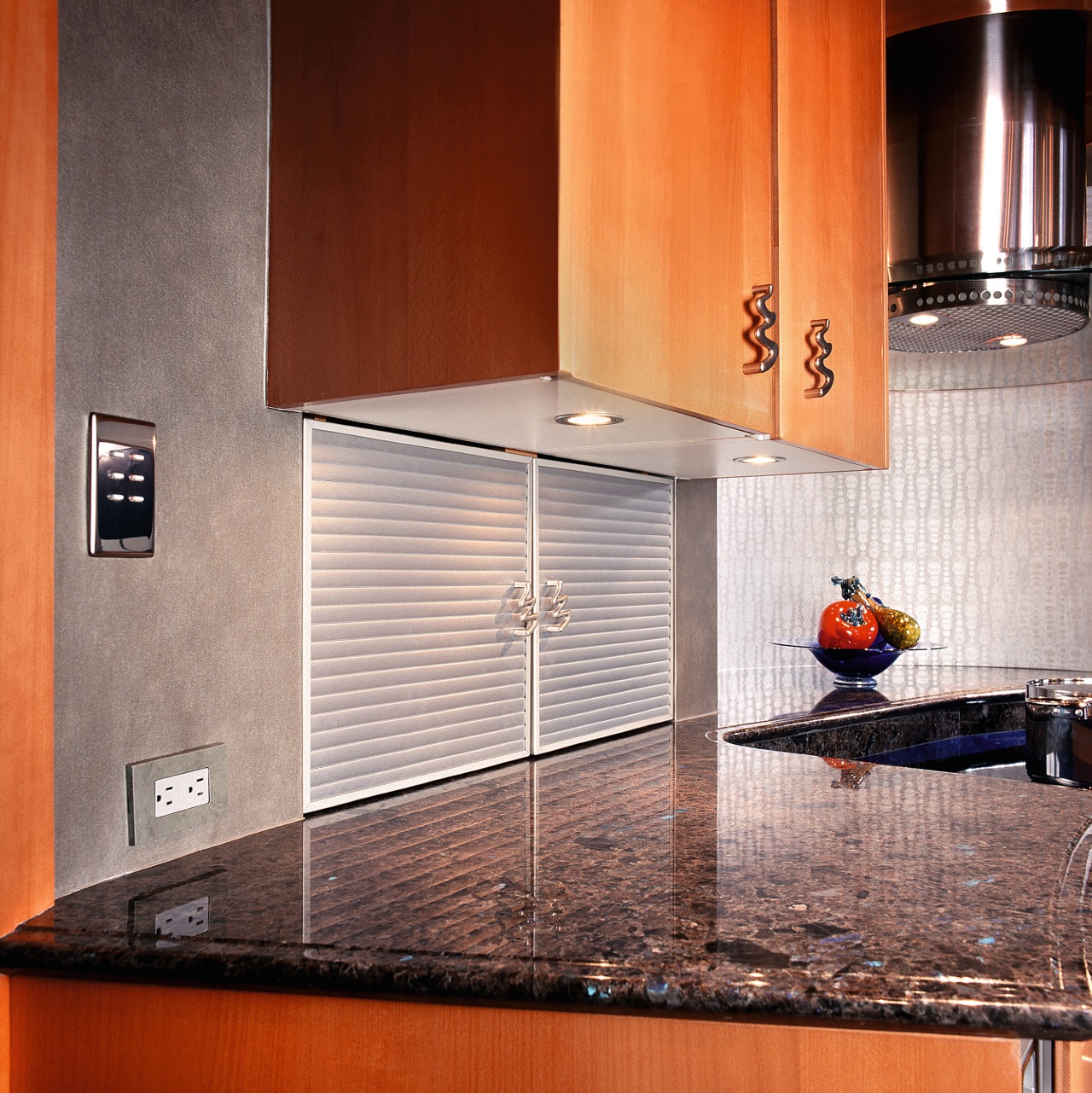 Close view of the cabinetry cabinetry, countertop, floor, flooring, hardwood, interior design, kitchen, room, tile, under cabinet lighting, gray, red