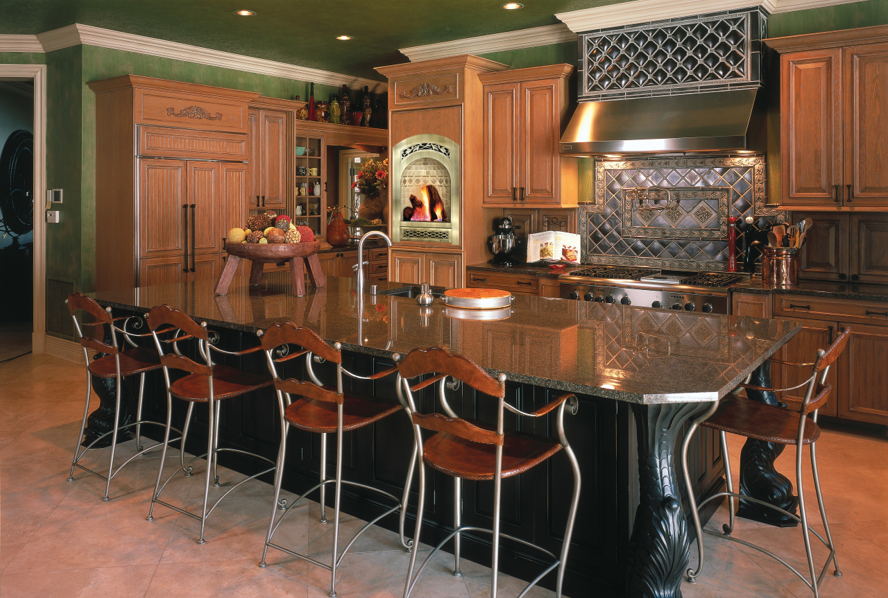 Antique looking kitchen. 5 stools around the island. cabinetry, countertop, dining room, floor, flooring, hardwood, interior design, kitchen, room, table, wood flooring, brown